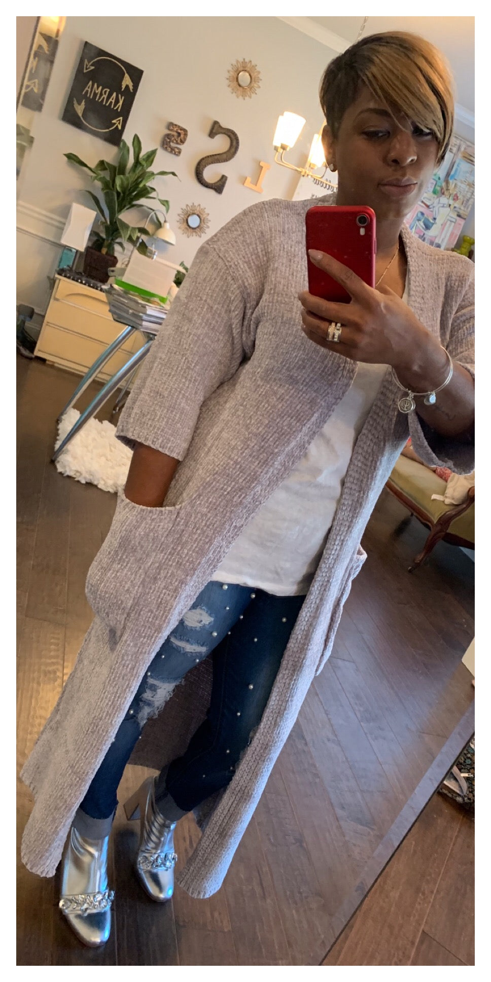 Gray Chenille Long Cardi: Sizes: S/M & M/L