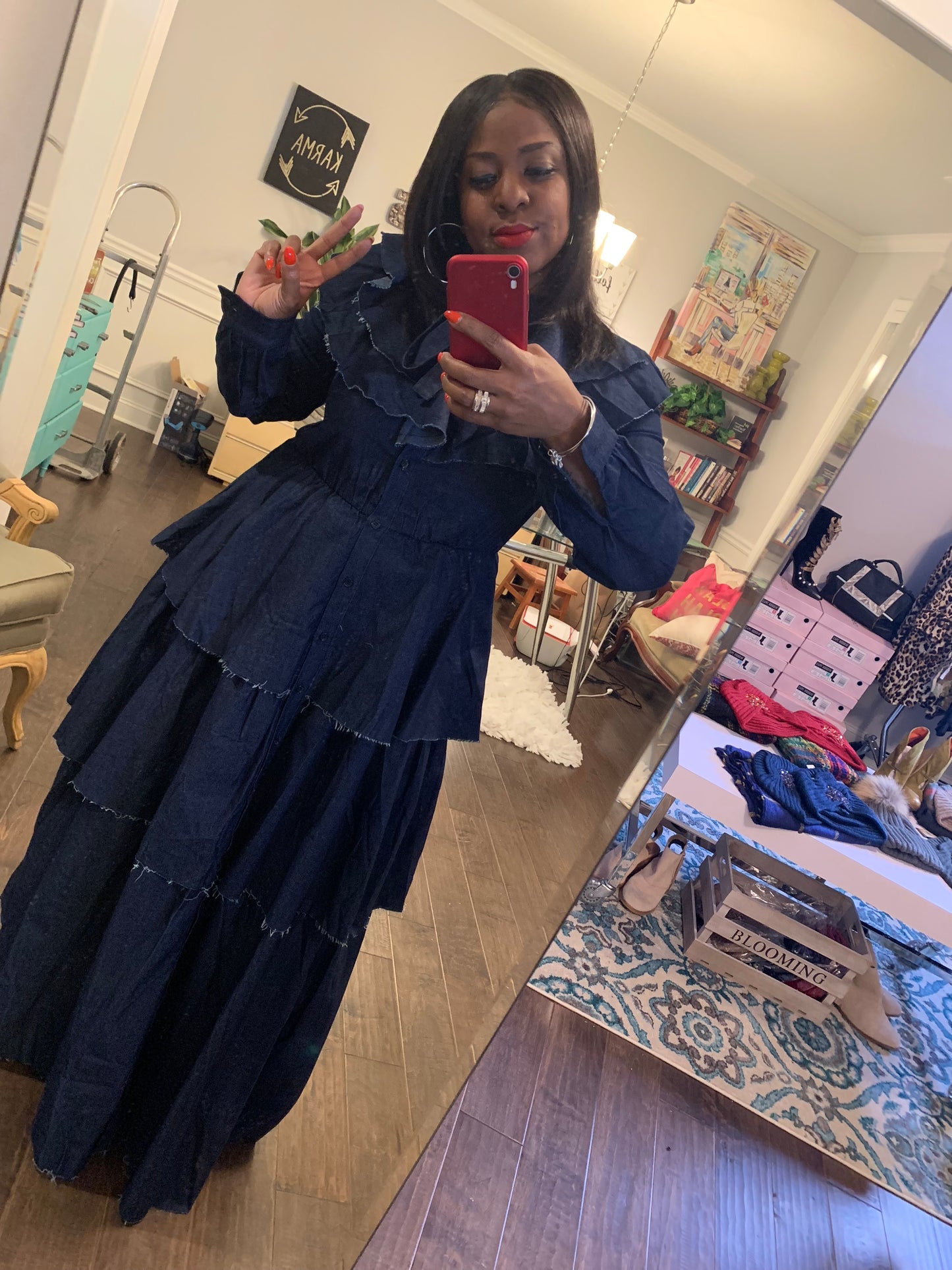 Denim Ruffled Chandelier Maxi Dress: Sizes S-3X