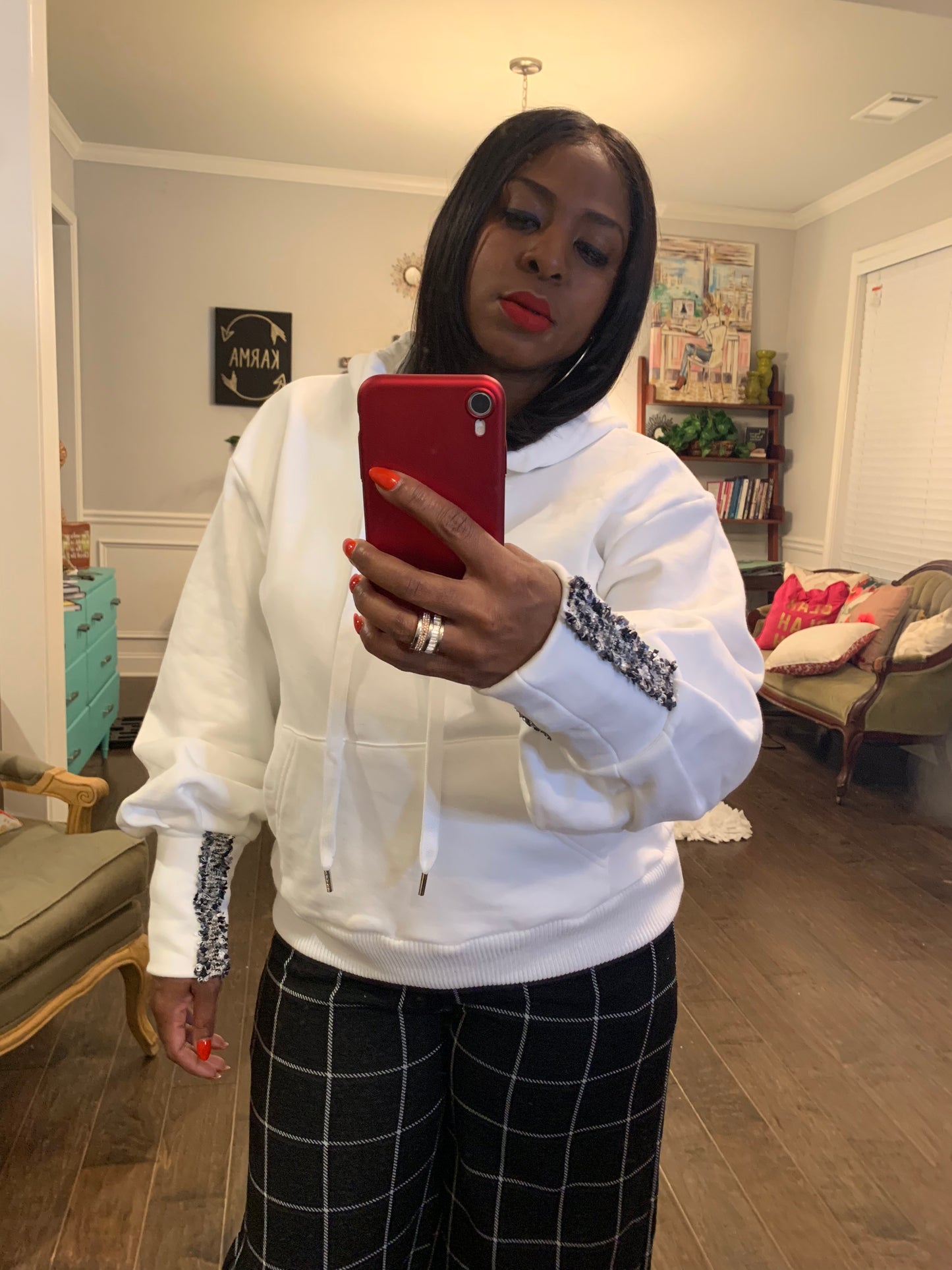 Ivory Embellished Sleeve Hoodie: Sizes S-L