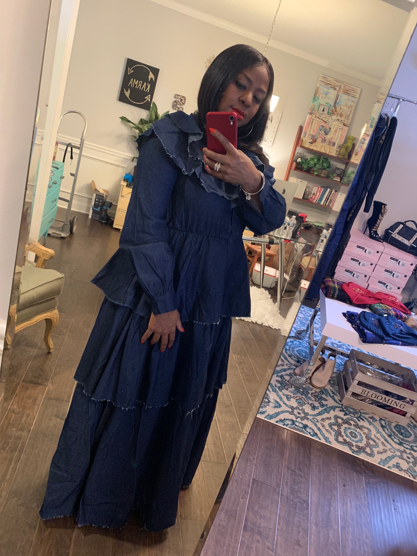 Denim Ruffled Chandelier Maxi Dress: Sizes S-3X