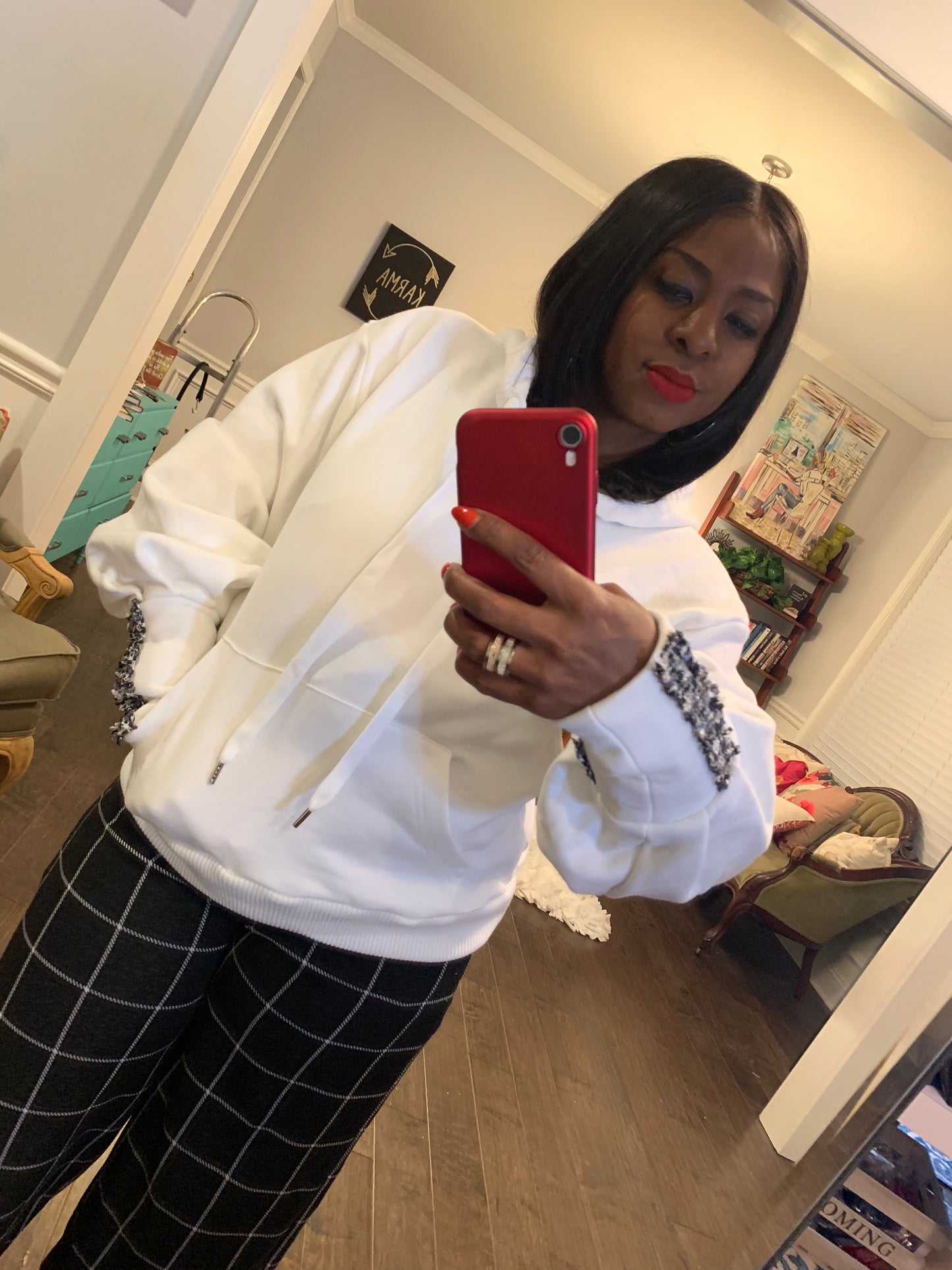 Ivory Embellished Sleeve Hoodie: Sizes S-L