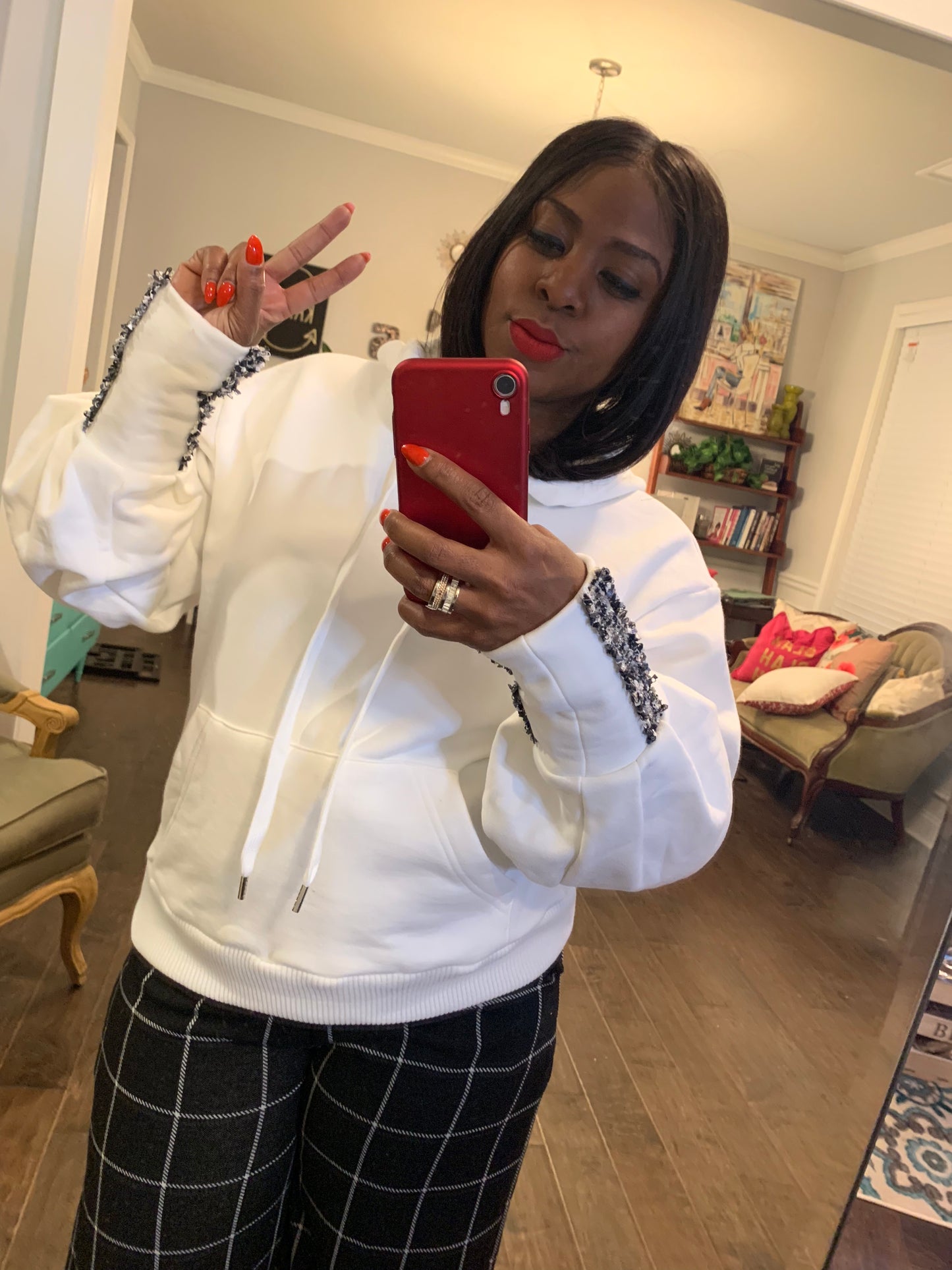 Ivory Embellished Sleeve Hoodie: Sizes S-L