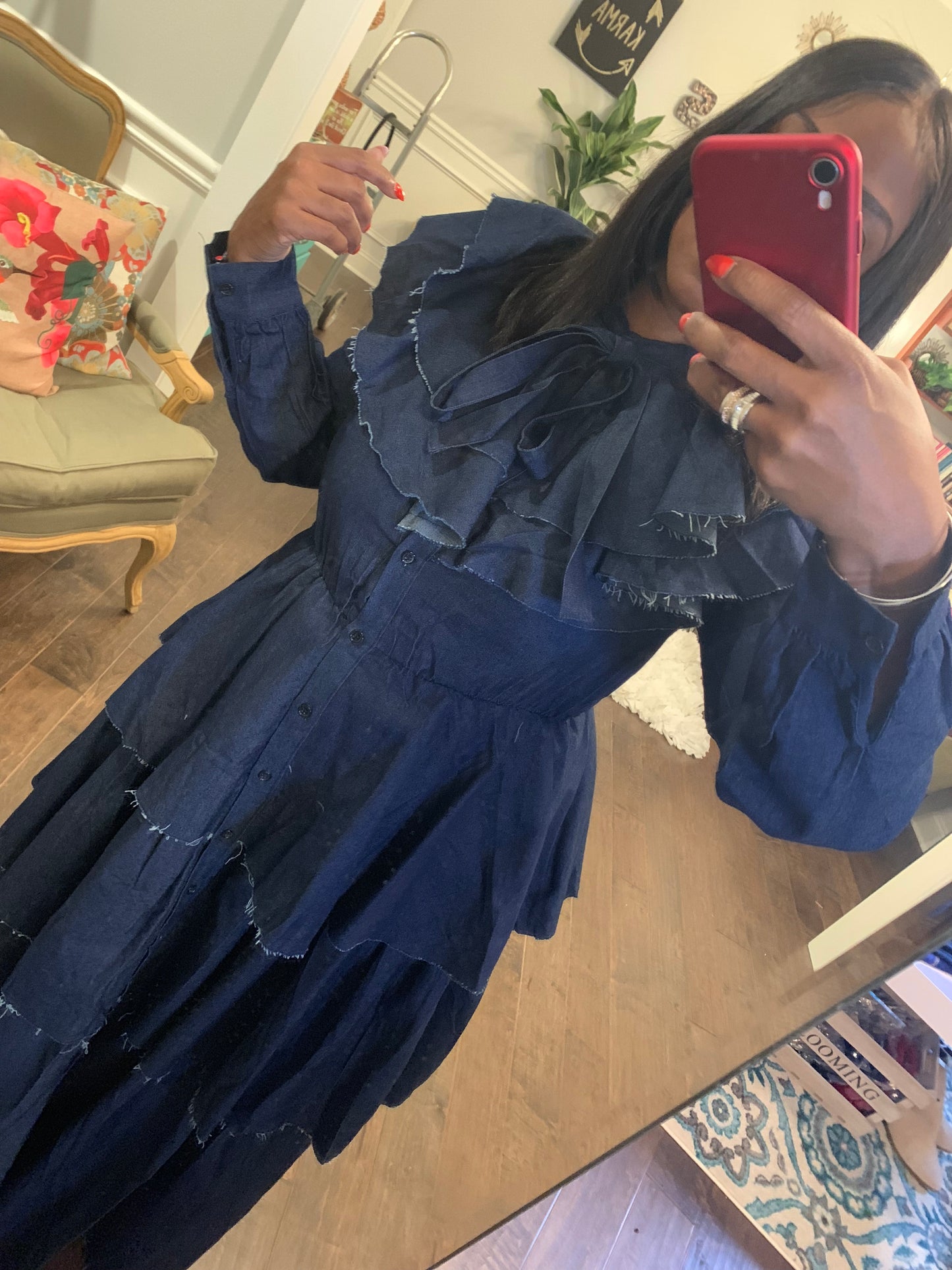 Denim Ruffled Chandelier Maxi Dress: Sizes S-3X