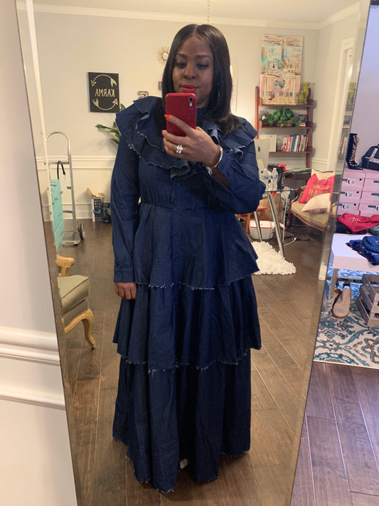Denim Ruffled Chandelier Maxi Dress: Sizes S-3X
