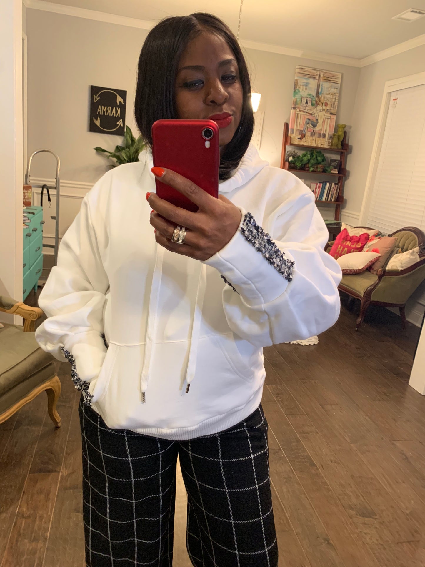 Ivory Embellished Sleeve Hoodie: Sizes S-L