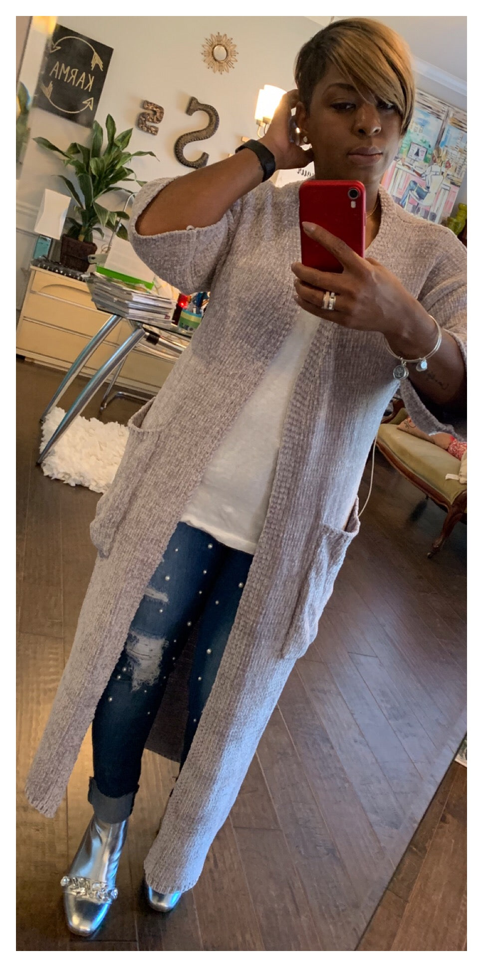 Gray Chenille Long Cardi: Sizes: S/M & M/L