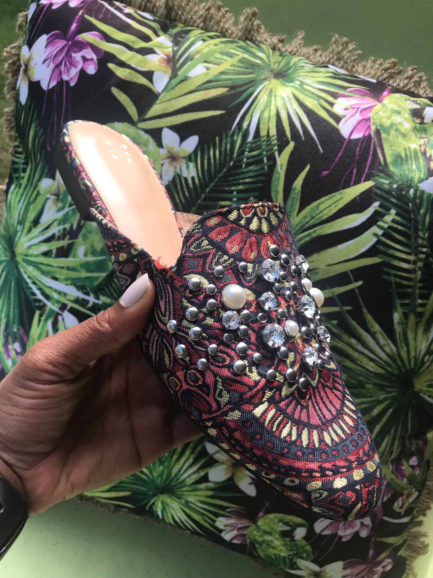 Embellished Paisley Mules: Size 8