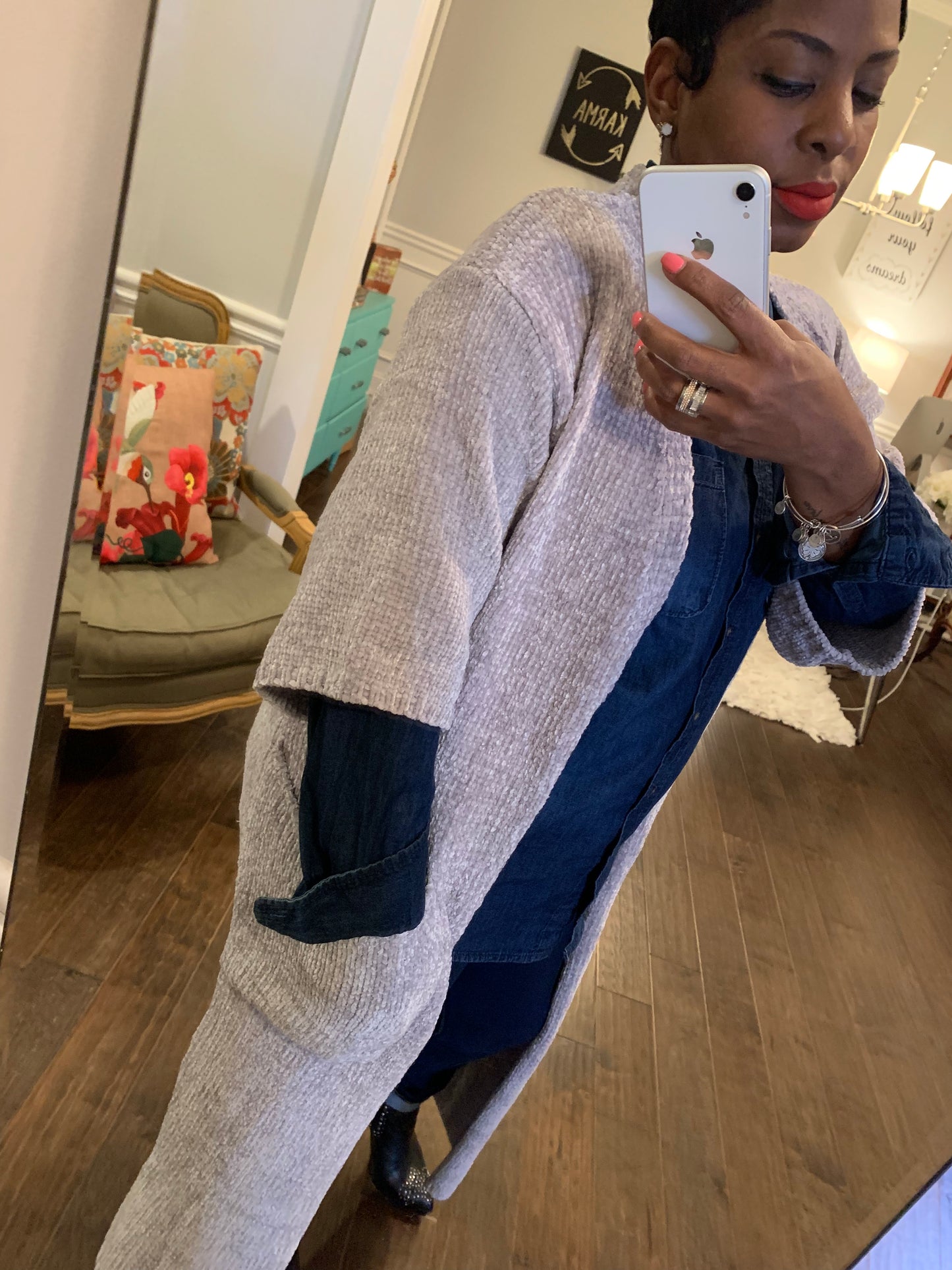 Gray Chenille Long Cardi: Sizes: S/M & M/L