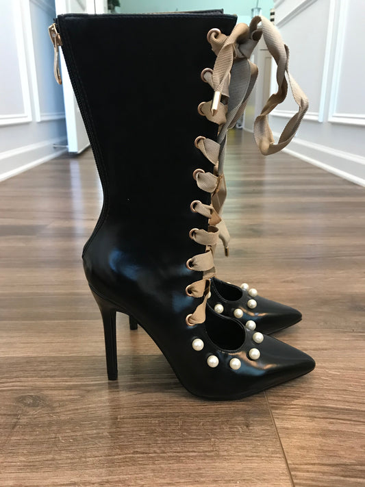 LACED! Ribboned Mid Calf Bootie! Sizes 5-10