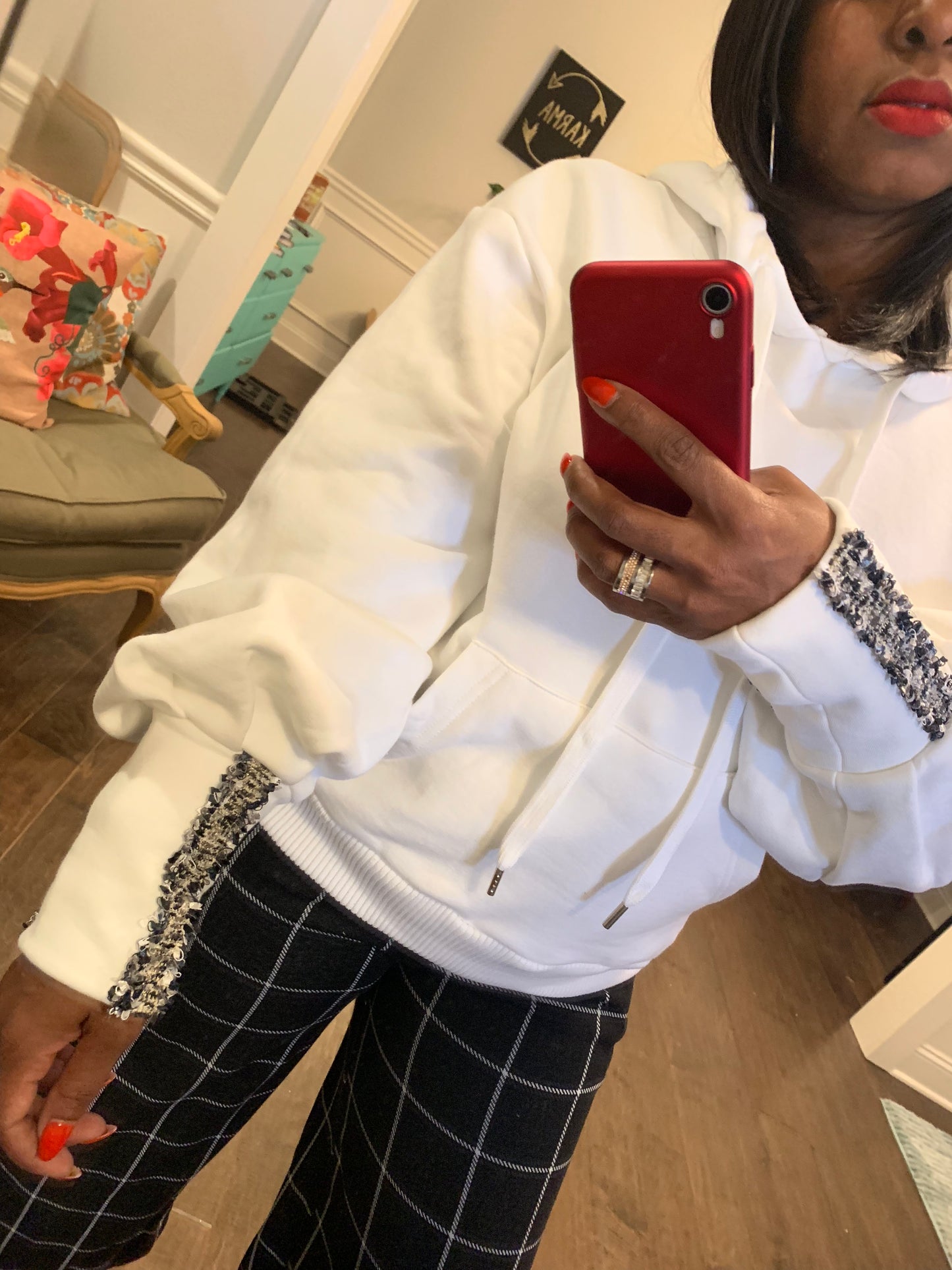 Ivory Embellished Sleeve Hoodie: Sizes S-L