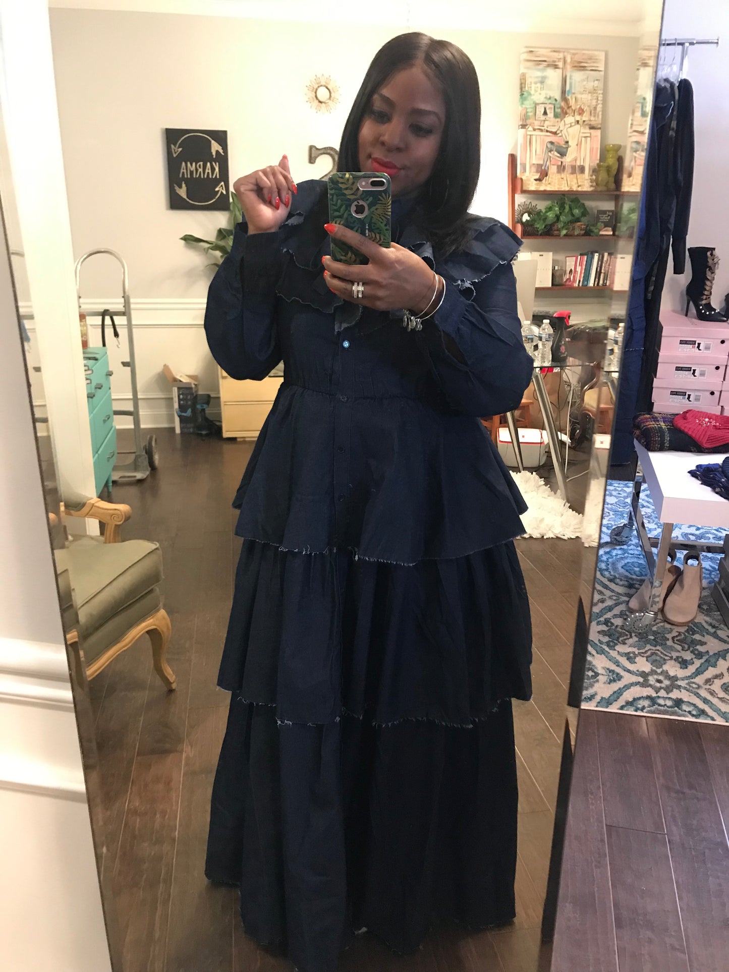Denim Ruffled Chandelier Maxi Dress: Sizes S-3X