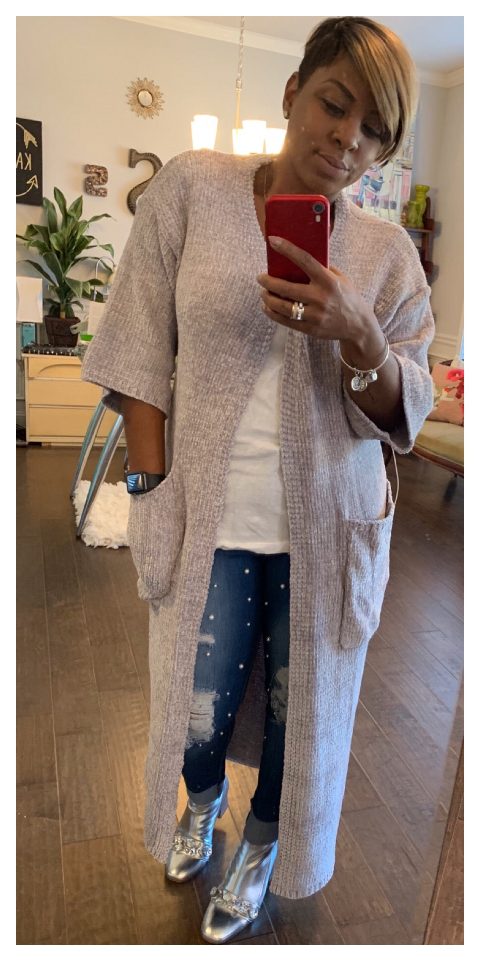 Gray Chenille Long Cardi: Sizes: S/M & M/L