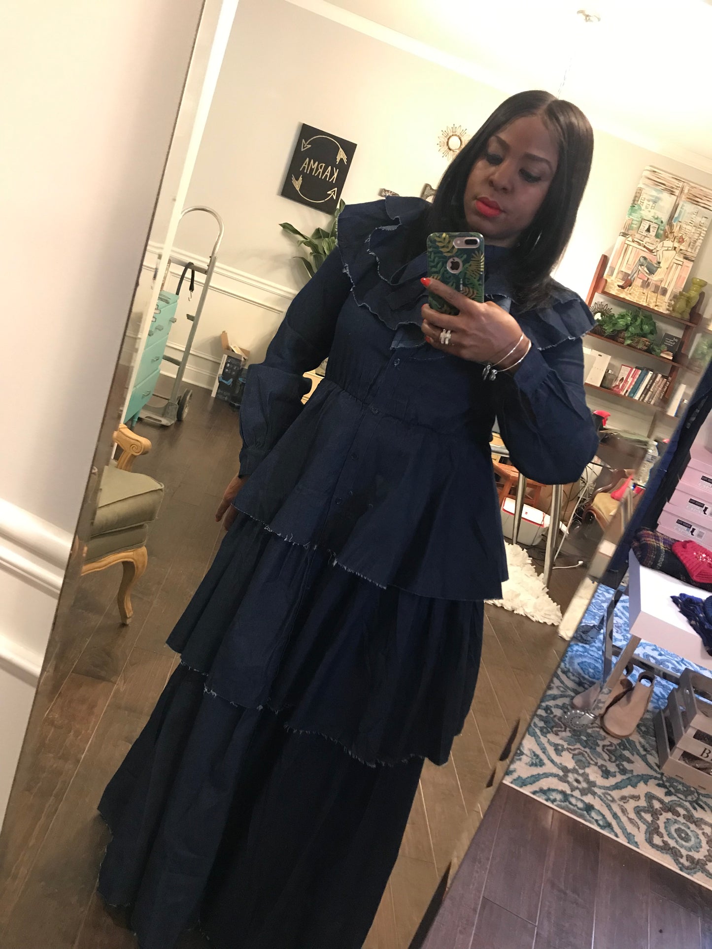 Denim Ruffled Chandelier Maxi Dress: Sizes S-3X