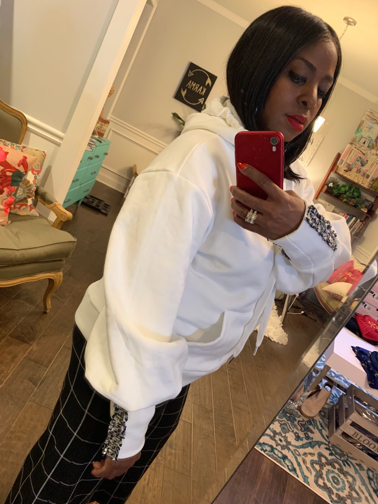 Ivory Embellished Sleeve Hoodie: Sizes S-L