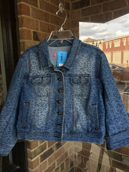 Denim Leopard Print Crop Jacket: Sz XL