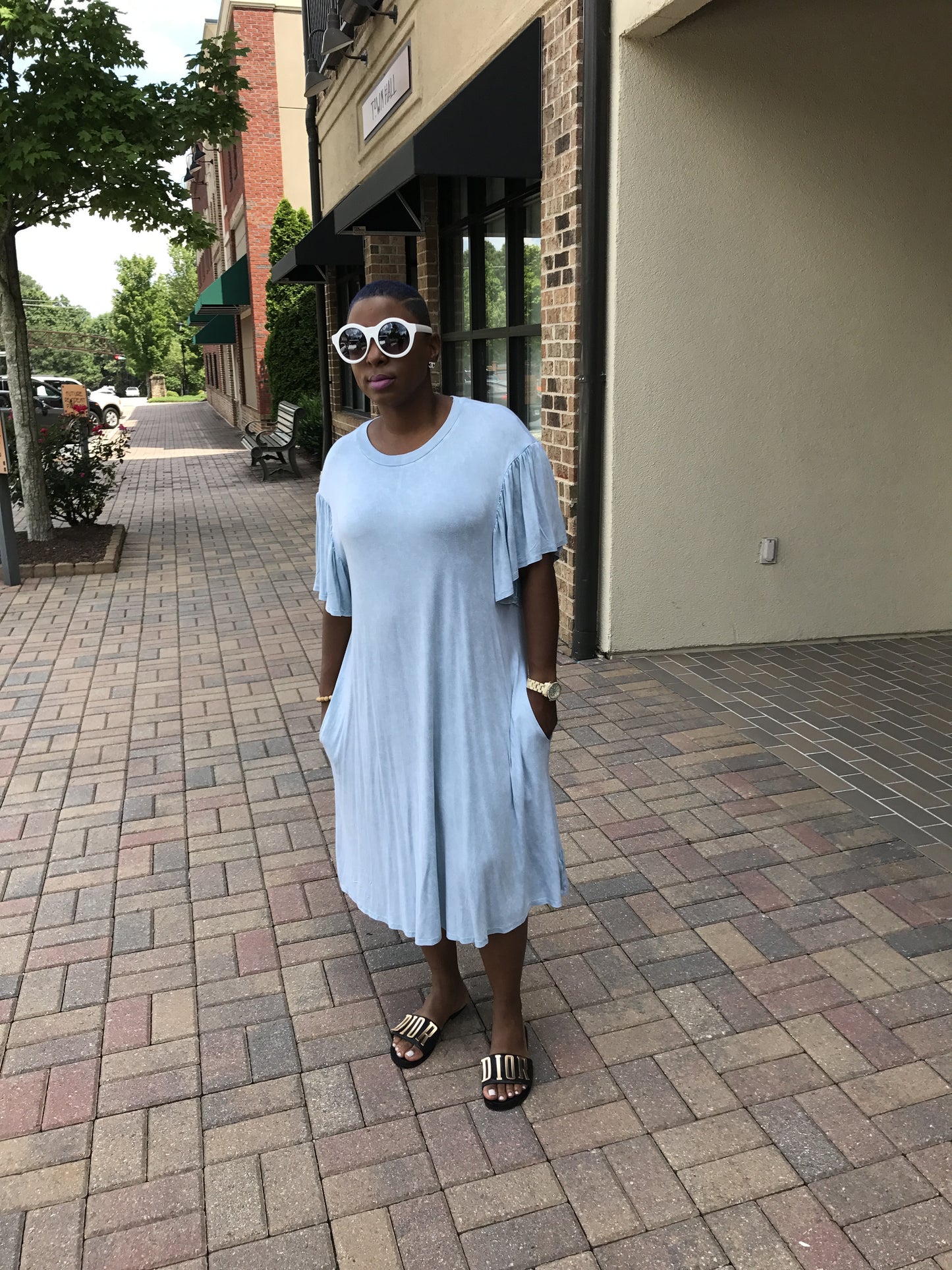New! Aqua Mineral Washed Ruffled Shoulder Dress!