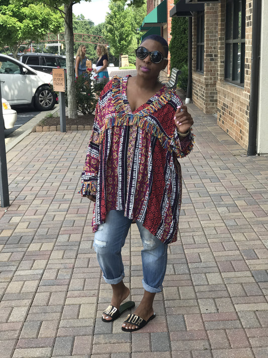 New! Magenta Colorful Printed Fringed Tunic!