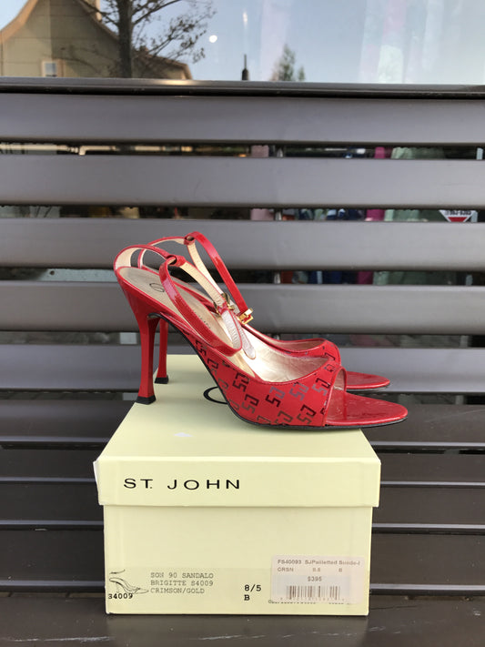 St. John Red Monogrammed Sandals: Sz 8.5