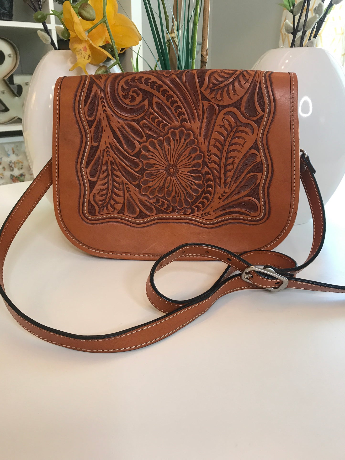 Hand Carved Leather Crossbody!