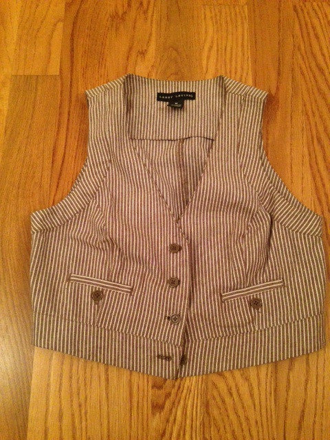 Tan Stripped Capri Suit: Vest Sz M & Capri Sz 10